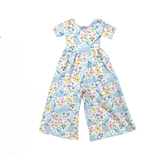 Preorder(moq 8)Baby Girls Short Sleeve Flowers Rabbits Easter Pants Jumpsuits