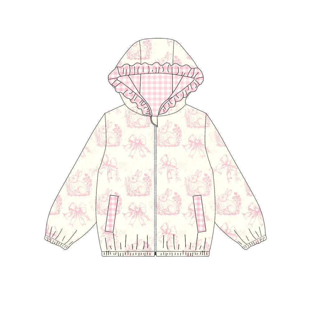 Preorder (moq 5)Baby Girls Pink Flowers Rabbits Pockets Zipper Easter Ruffle Hoodies Jackets Top