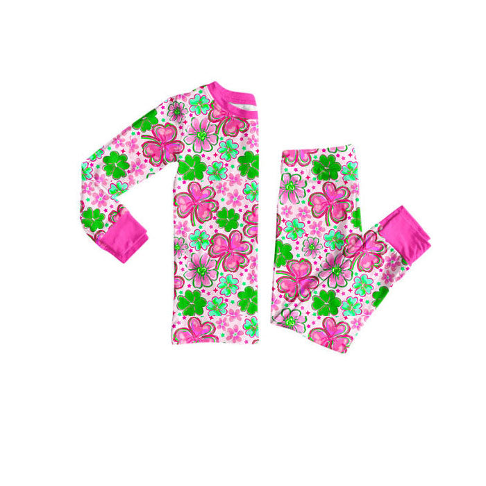 Preorder(moq 8)Baby Girls Pink Green Clovers Flowers Top Pant St Patrick Pajamas Sets