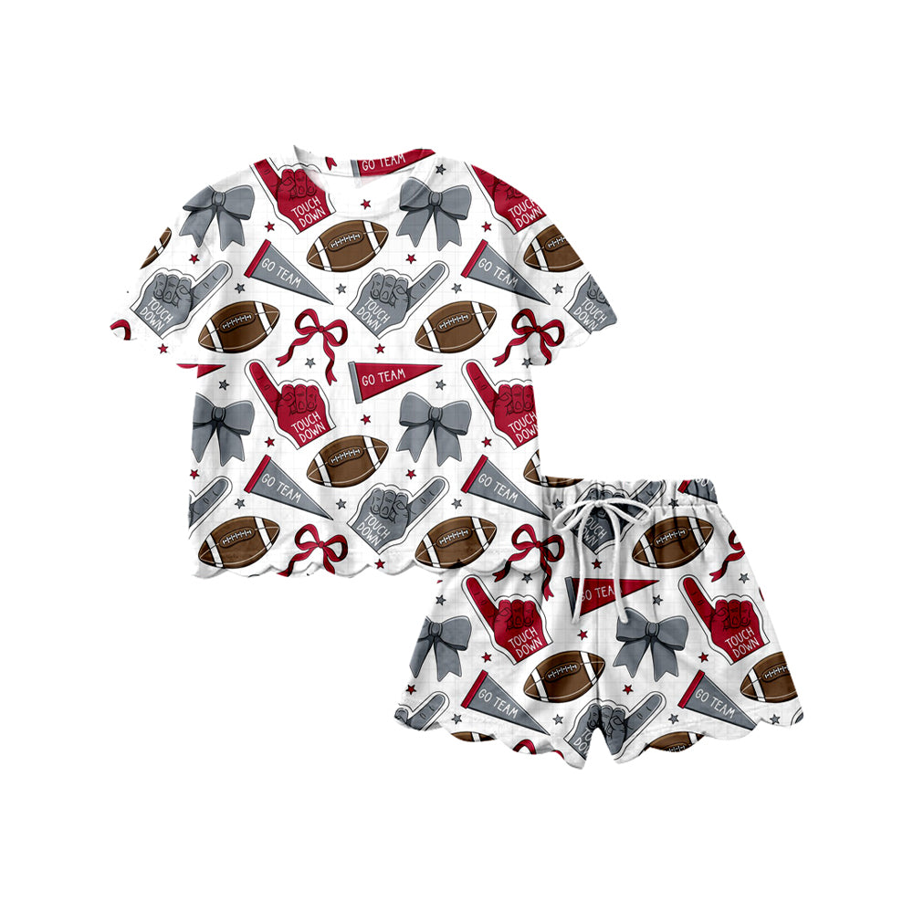 Preorder (moq 5)Baby Girls Bows Footballs Top Scallop Shorts Team Clothes Sets