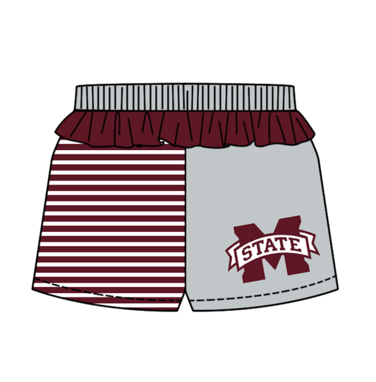 Preorder (moq 5)Baby Girls Red Stripe M State Team Ruffle Shorts Bottom