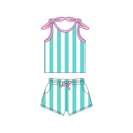 Preorder (moq 5)Baby Girls Green Stripes Bow Shirt Shorts Clothes Sets