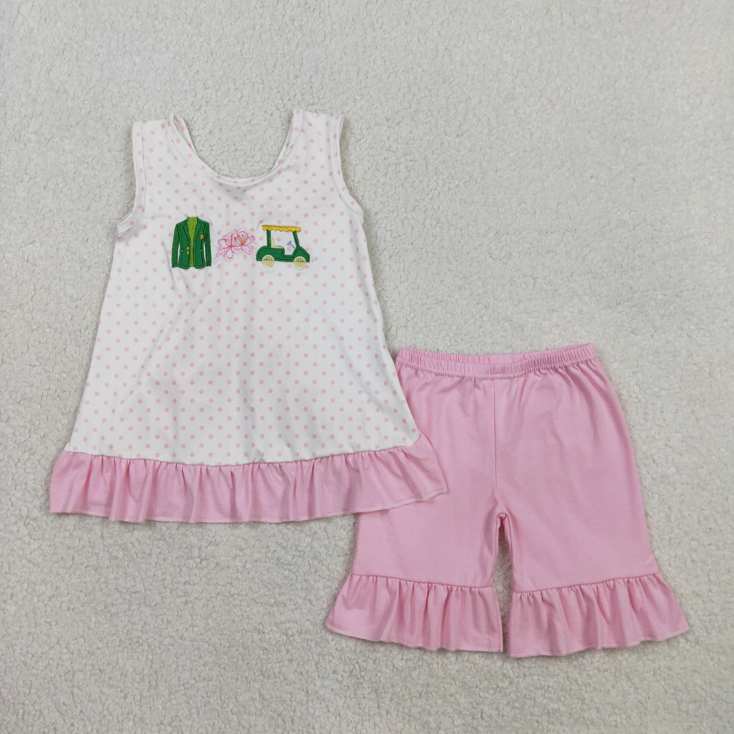 Embroidery Golf Trucks Baby Girls Polka Dots Back Bow Tunic Ruffle Short Clothes Sets