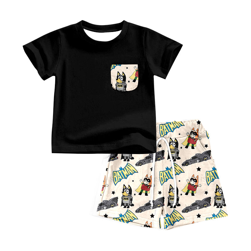 Baby Boys Black Pocket Shirt Dogs Cartoon Shorts Clothes Sets preorder (moq 5)