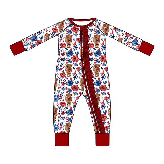 Baby Infant Girls Highland Cows Flowers Long Sleeve Zip Rompers preorder(moq 5)