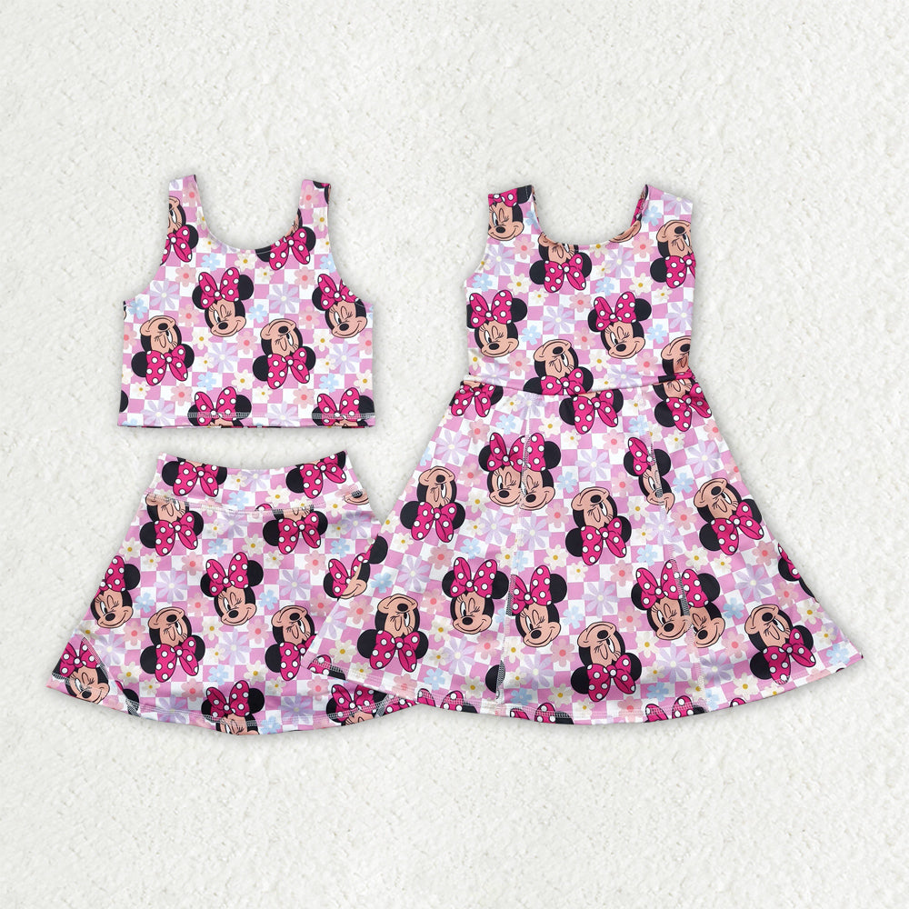 Sibling Baby Girls Sleeveless Pink Plaid Cartoon Mouse Top Skort Yoga Set Knee Length Dress