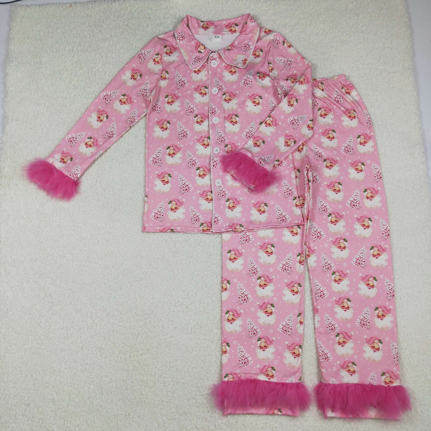 Adult Women Pink Santa Trees Button Top Pants Christmas Fur Pajamas Set