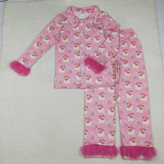 Adult Women Pink Santa Trees Button Top Pants Christmas Fur Pajamas Set