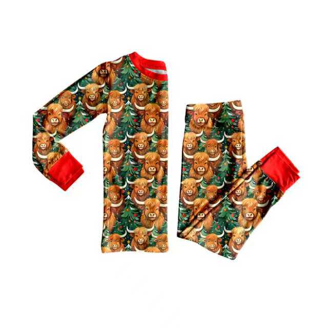 Preorder (moq 20)Baby Boys Bamboo Highland Cows Trees Christmas Pajamas Sets