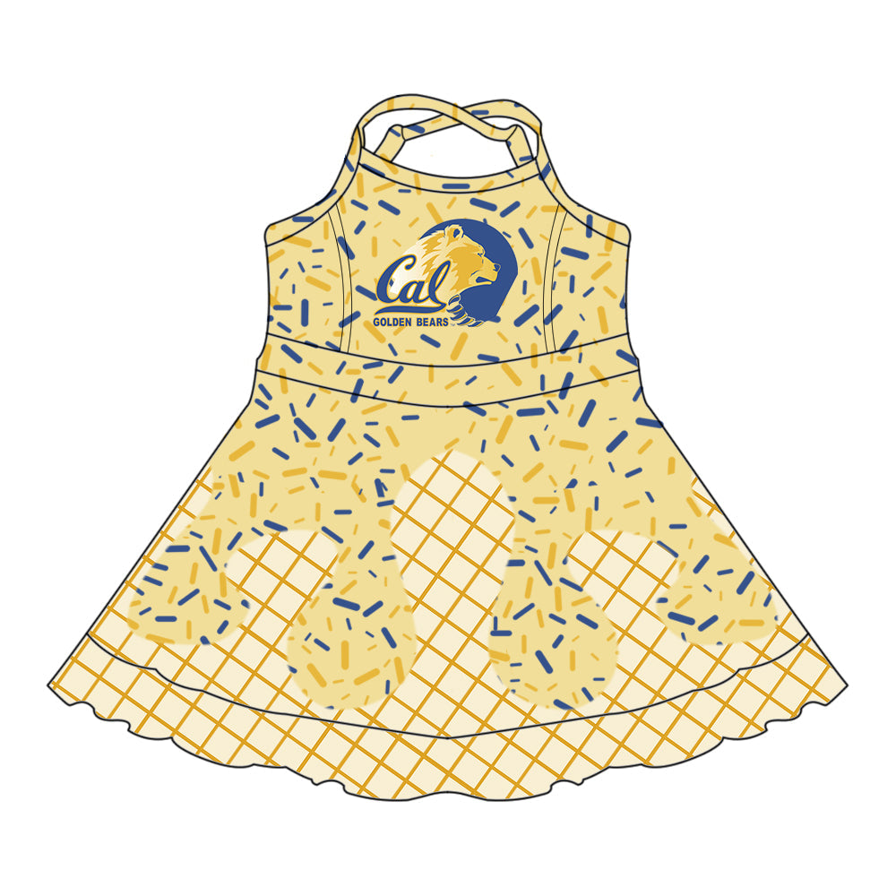 Preorder (moq 5)Baby Girls Drip Sprinkles Cal Golden Bears Team Shorts Ruffle Knee Length Dress