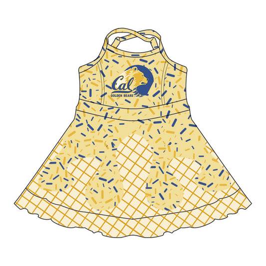 Preorder (moq 5)Baby Girls Drip Sprinkles Cal Golden Bears Team Shorts Ruffle Knee Length Dress