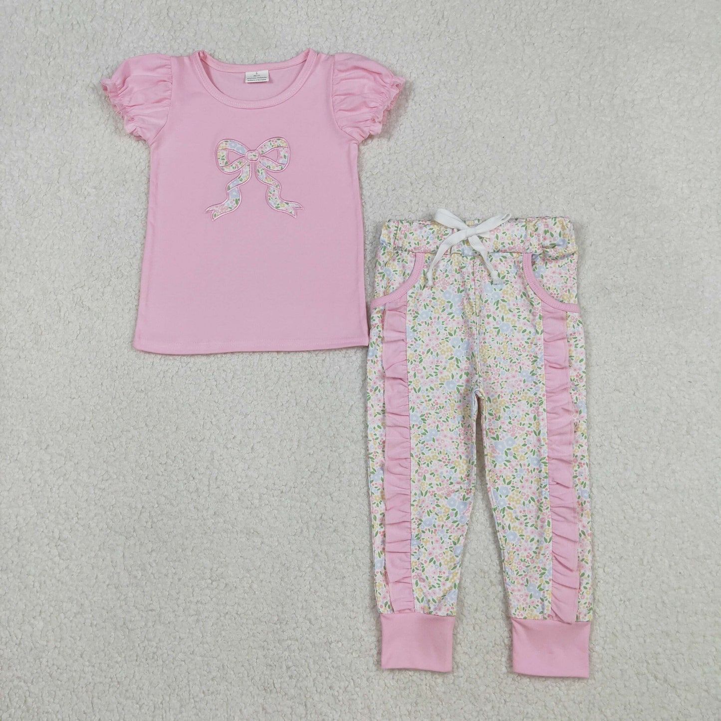 Embroidery Floral Bows Baby Girls Shirt Pockets Ruffle Leggings Clothes Set