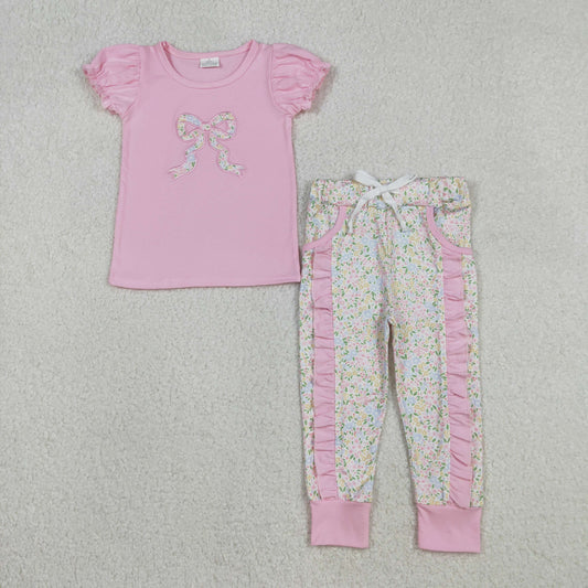 Embroidery Floral Bows Baby Girls Shirt Pockets Ruffle Leggings Clothes Set
