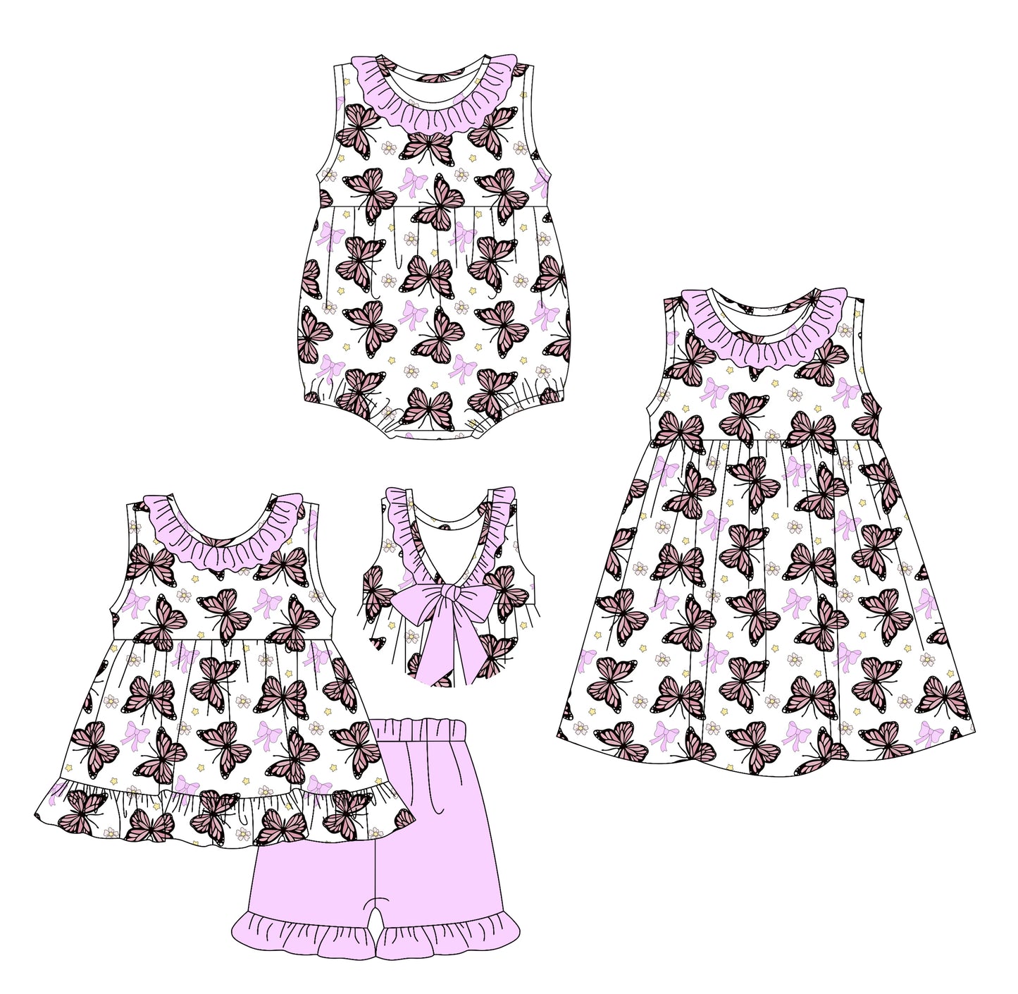 Preorder moq 5 Custom Baby Girls Sleeveless Butterfly Tunic Ruffle Short Set Knee Length Dress And Rompers