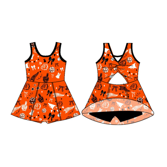 Preorder (moq 5)Baby Girls Sleeveless Orange Dogs Bows Shorts Team Dresses