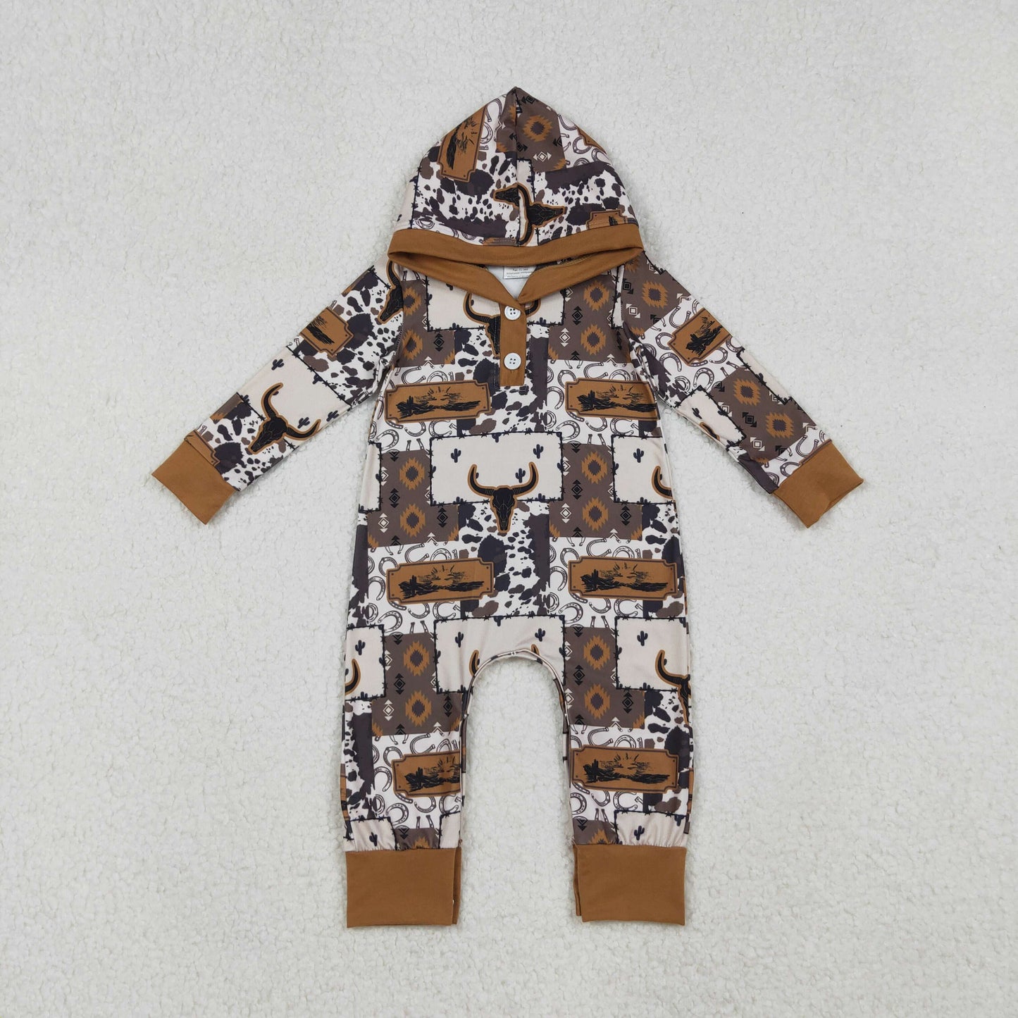 Baby Boys Brown Aztec Bull Skulls Western Hoodie Footie Rompers