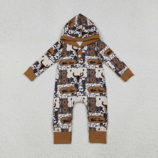 Baby Boys Brown Aztec Bull Skulls Western Hoodie Footie Rompers