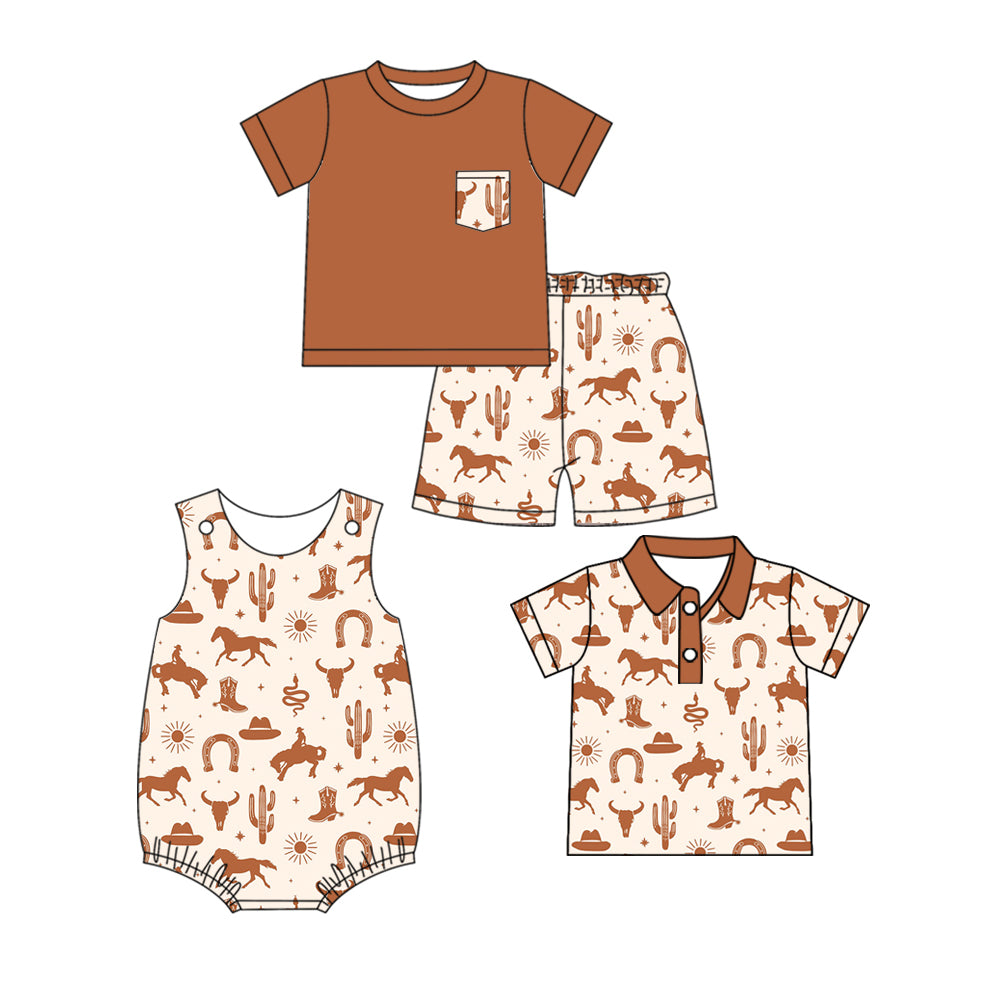 Preorder(moq 5 each)Sibling Baby Boys Western Horse Cactus Cow Romper Shirts Shorts Sets