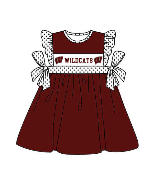 Preorder (moq 5)Baby Girls Polka Dots Flutter Sleeve Wildcats Team Knee Length Dresses
