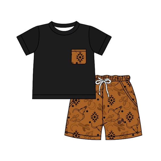 Preorder (moq 5)Baby Boys Black Pocket shirt Top Aztec Cow Shorts Clothes Sets