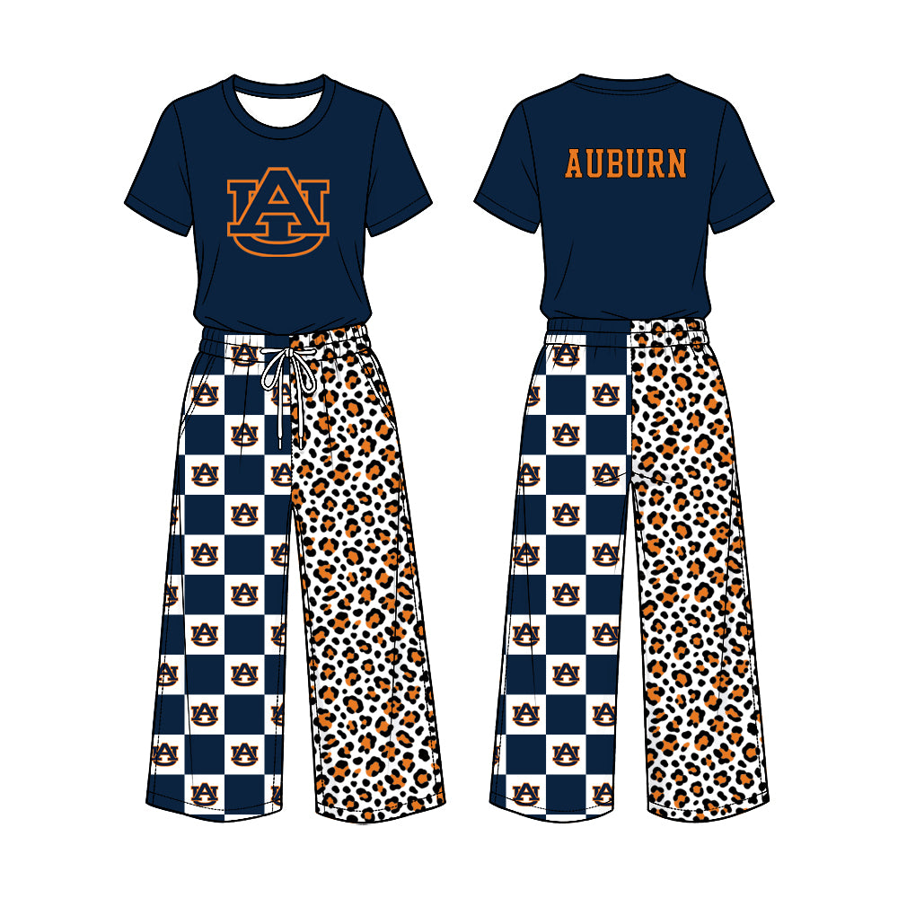 Preorder (moq 5) Baby Girl Clothes Auburn Tigers AU Logo Checker Leopard Mixed Print Short Sleeve Top Wide Leg Pant Outfit Set
