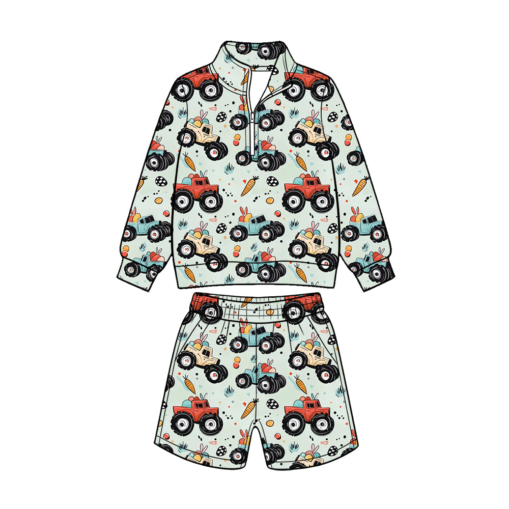 Preorder (moq 5) Baby Boy Clothes Easter Monster Truck Bunny Carrot Print Long Sleeve Quarter Zip Top Short Set