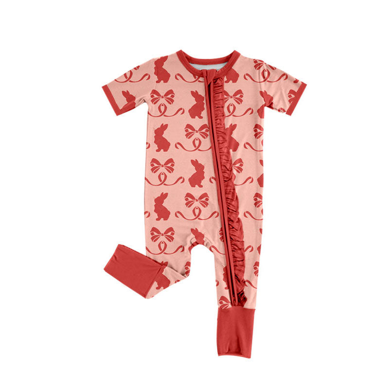 Preorder (moq 5)Baby Girls Red Bows Rabbits Easter Ruffle Zipper Footie Rompers