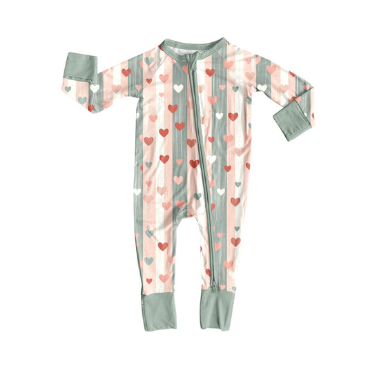 Preorder (moq 5)Baby Girls Pink Aqua Stripe Hearts Valentine Zipper Footie Rompers