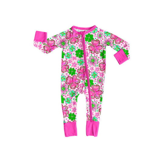 Preorder(moq 8)Baby Girls Pink Green Clovers Flowers St Patrick Zipper Footie Rompers