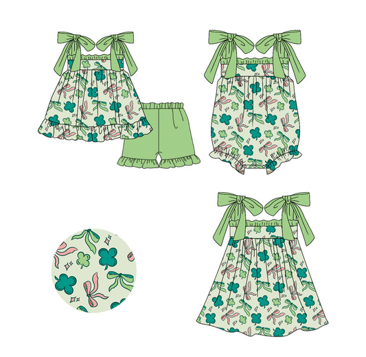 Preorder(moq 5 each)Sibling Baby Girls St Patrick Bows Quatrefoil Straps Romper Dress Shorts Sets