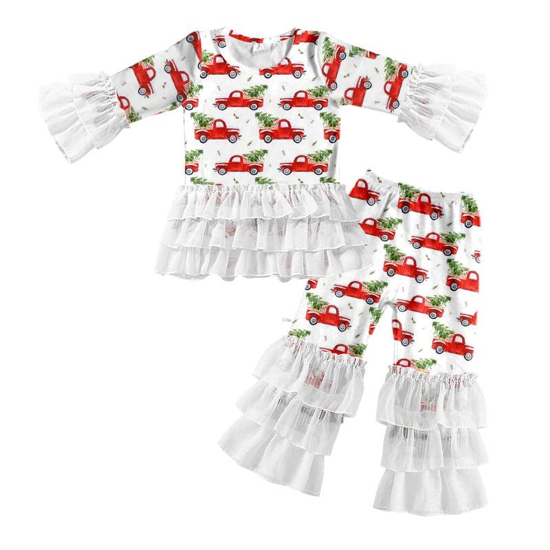 Baby Girls Christmas Tree Truck Lace Ruffle Top Pants Clothes Sets preorder(MOQ 5)