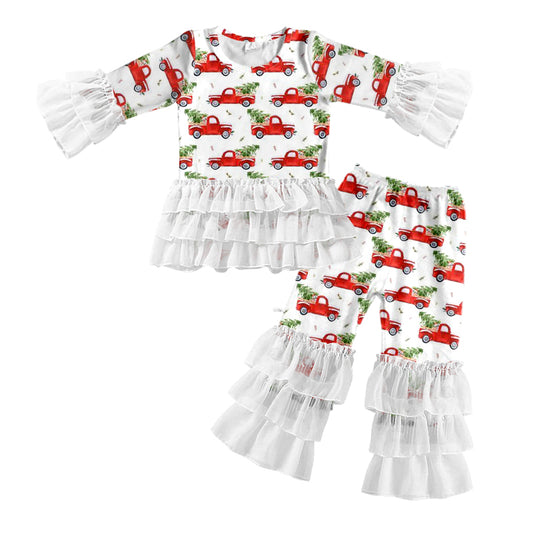 Baby Girls Christmas Tree Truck Lace Ruffle Top Pants Clothes Sets preorder(MOQ 5)