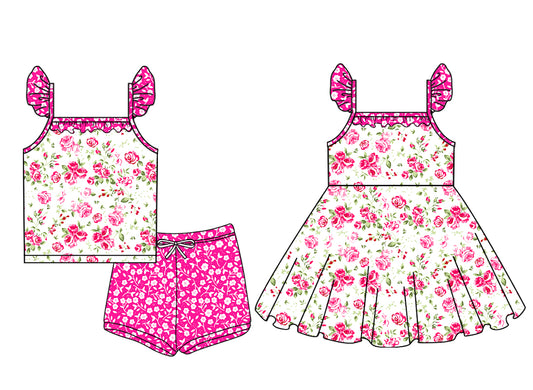 Preorder moq 5 Custom Baby Girls Flutter Sleeves Pink Floral Top Short Set Knee Length Dress