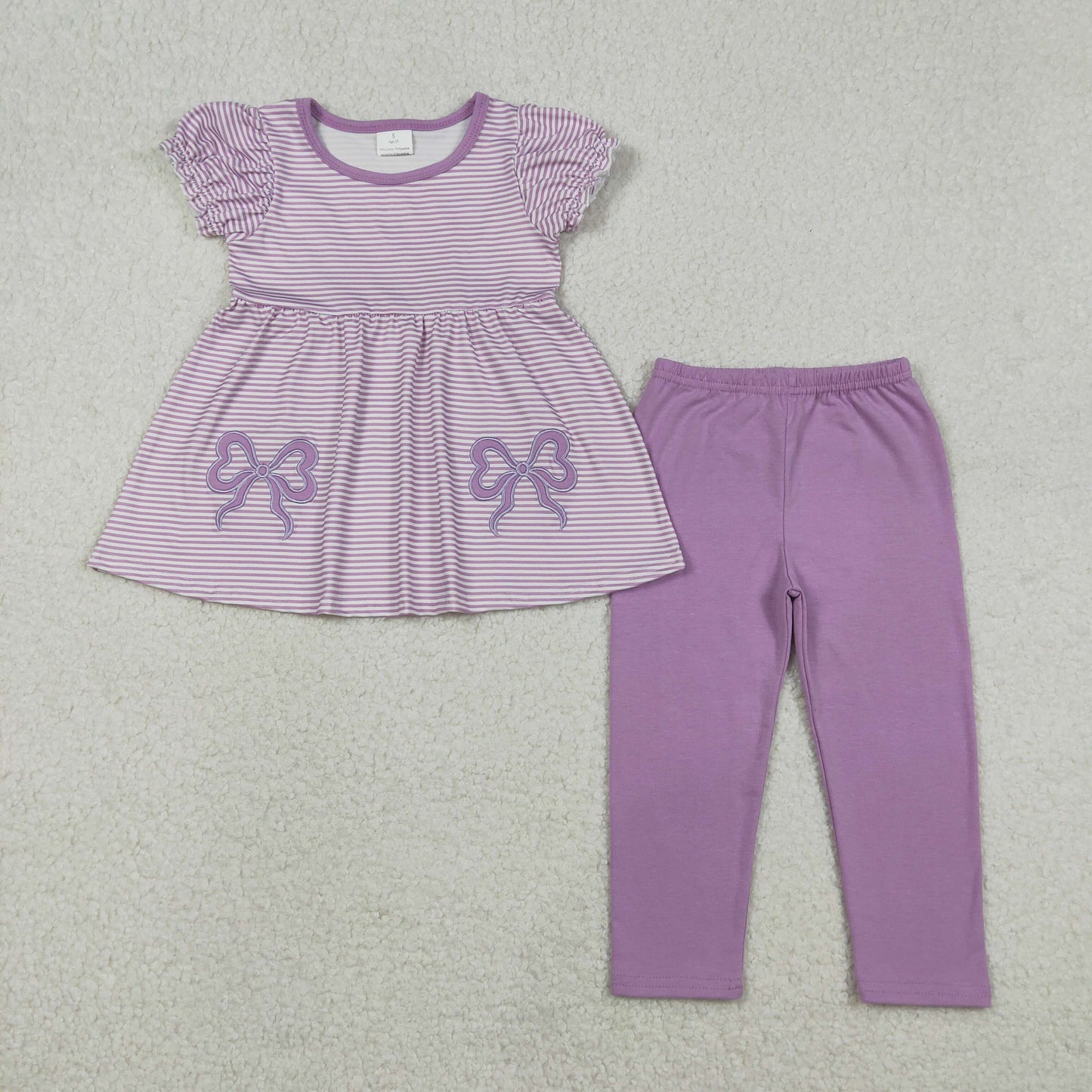 Embroidery Bows Baby Girls Lavender Stripe Tunic Leggings Pant Clothes Sets