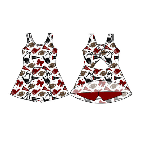 Preorder (moq 5)Baby Girls Sleeveless Red Black Bows Footballs Shorts Team Knee Length Dress