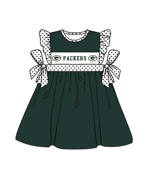 Preorder (moq 5)Baby Girls Polka Dots Flutter Sleeve Packers Team Knee Length Dresses
