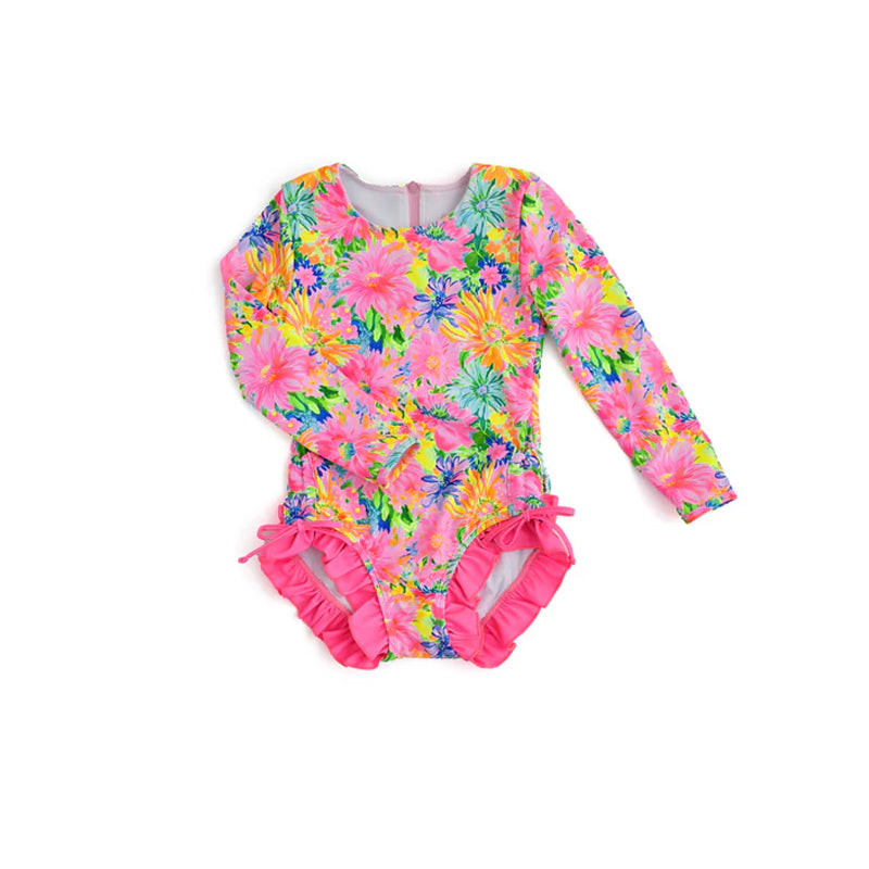 Baby Girls Pink Flowers Long Sleeve One Piece Swimsuits Preorder(moq 5)
