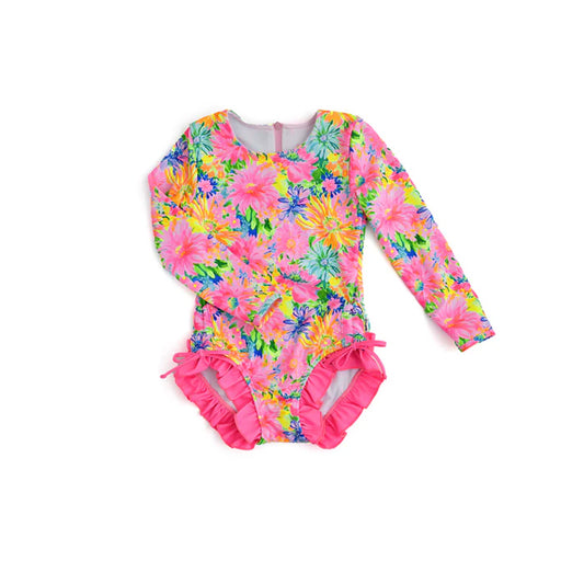 Baby Girls Pink Flowers Long Sleeve One Piece Swimsuits Preorder(moq 5)