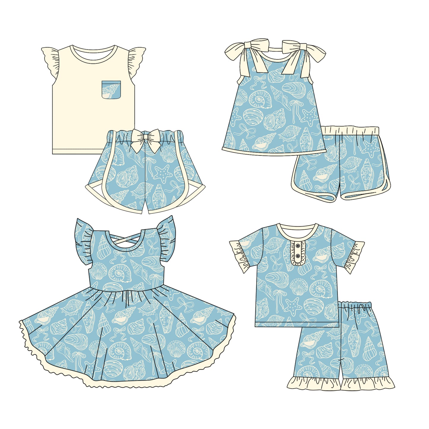 Preorder moq 5 Custom Baby Girls Blue Sea World Top Short Sets Knee Length Dresses