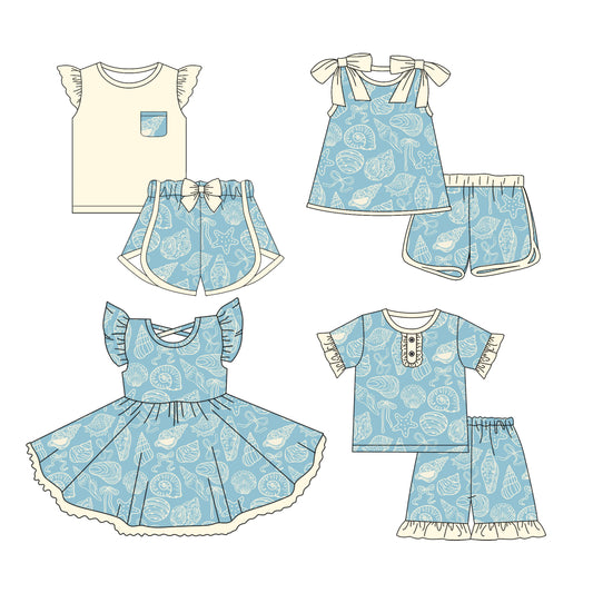 Preorder moq 5 Custom Baby Girls Blue Sea World Top Short Sets Knee Length Dresses