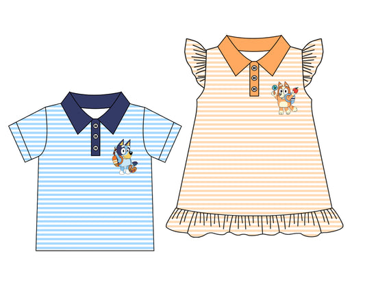 Preorder moq 5 Custom Baby Kids Short Sleeves Stripe Button Cartoon Dogs Shirts Top Dresses
