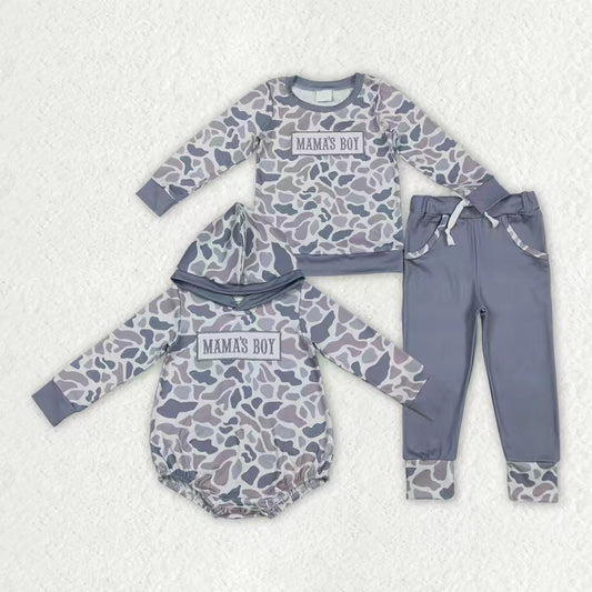 Sibling Baby Boys Embroidery Mama's Boy Light Grey Camo Pockets Pant Clothes Sets Hoodie Romper