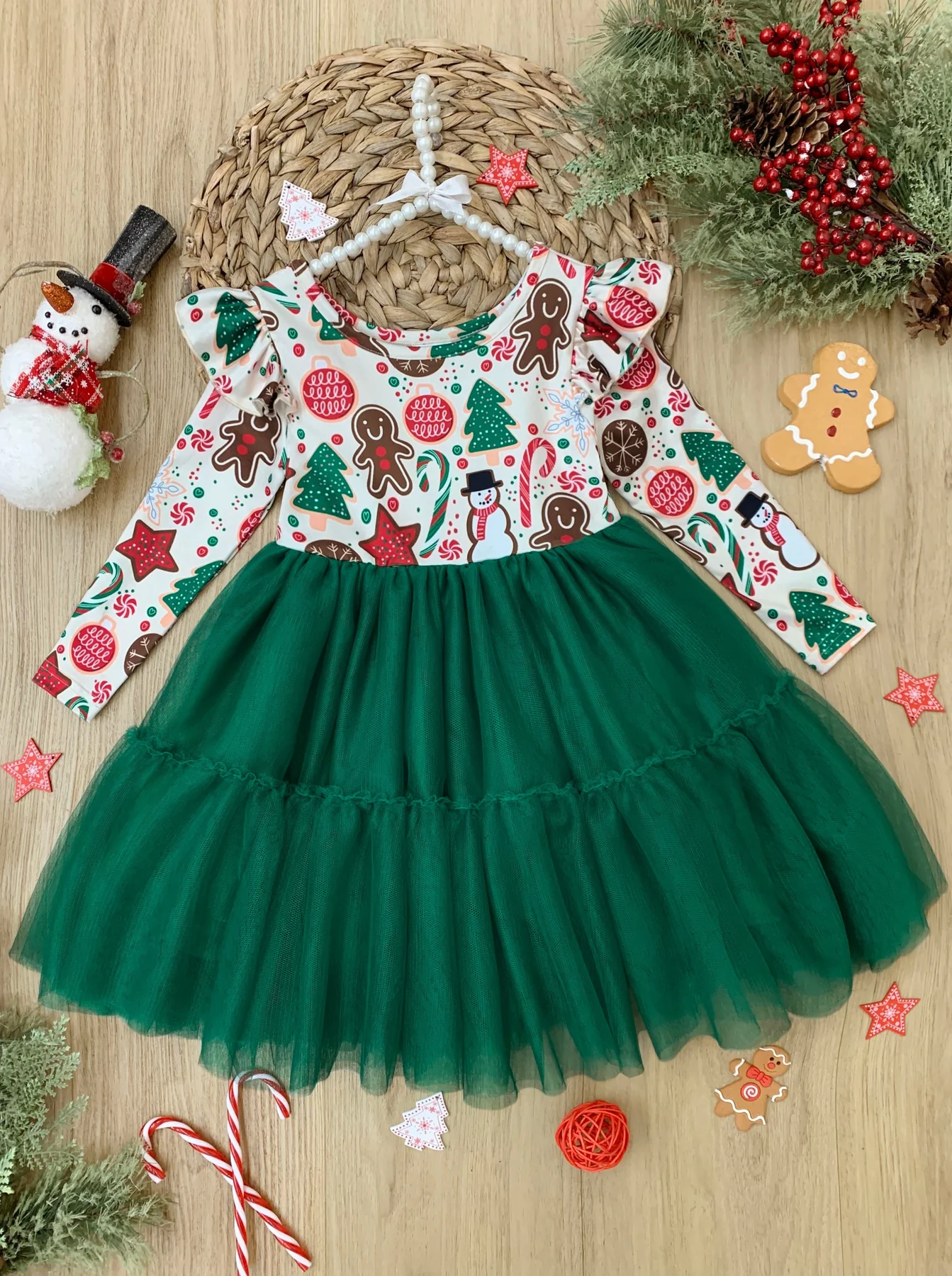 Baby Girls Christmas Tree Long Sleeve Tutut Green Knee Length Dresses Preorder(moq 5)