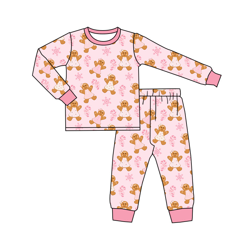 Preorder moq 5 Baby Girls Christmas Pink Gingerbread Shirt Top Pants Pajamas