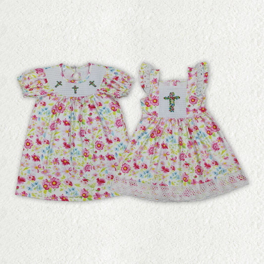Sibling Baby Girls Smocked Floral Crosses Easter Knee Length Dresses