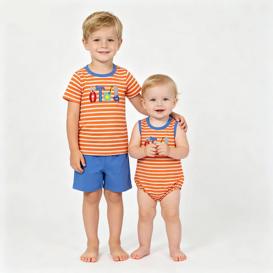 Sibling Baby Boys Embroidery Tools Stripe Top Short Clothes Set Rompers