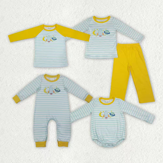 Sibling Baby Boys Embroidery Moons Rocket Earth Shirts Pant Clothes Set Rompers