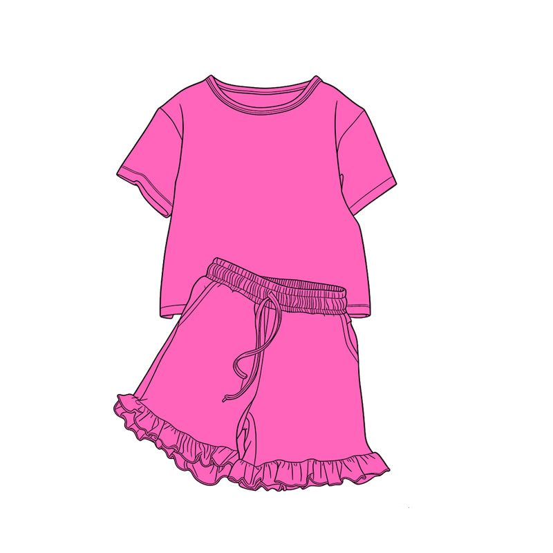 Preorder moq 5 Baby Girls Hot Pink Shirt Top Pockets Ruffle Shorts Clothes Set