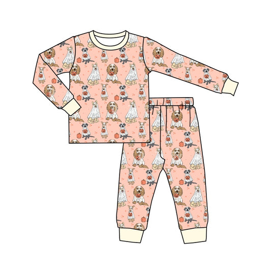 Baby Girls Pink Halloween Dogs Pumpkin Top Pants Pajamas Clothes Sets Preorder(moq 5)