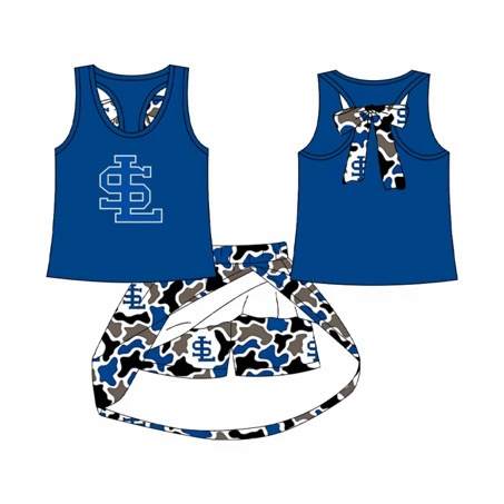 Preorder (moq 5)Baby Girls Blue Camo SL Back Bow Top Skirt Shorts Team Clothes Sets